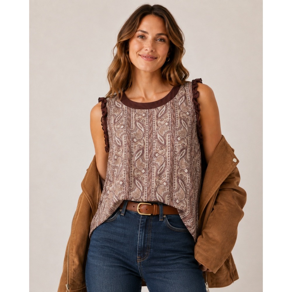 Chaser Womens Tank Top M Rust Burgundy Paisley Ruffle Boho Romantic Layering NWT